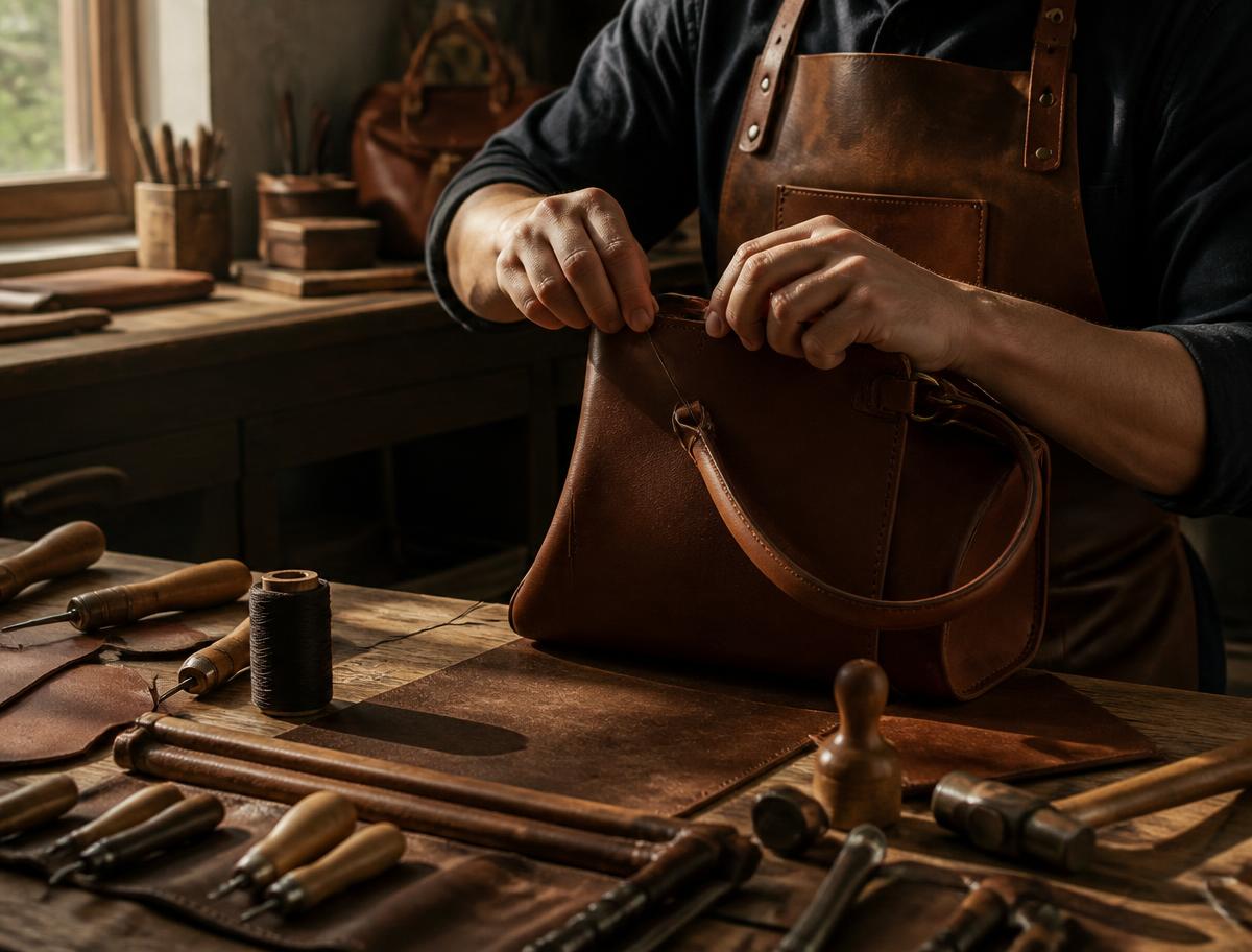 Artisan hand-stitching a leather handbag at a wooden workbench